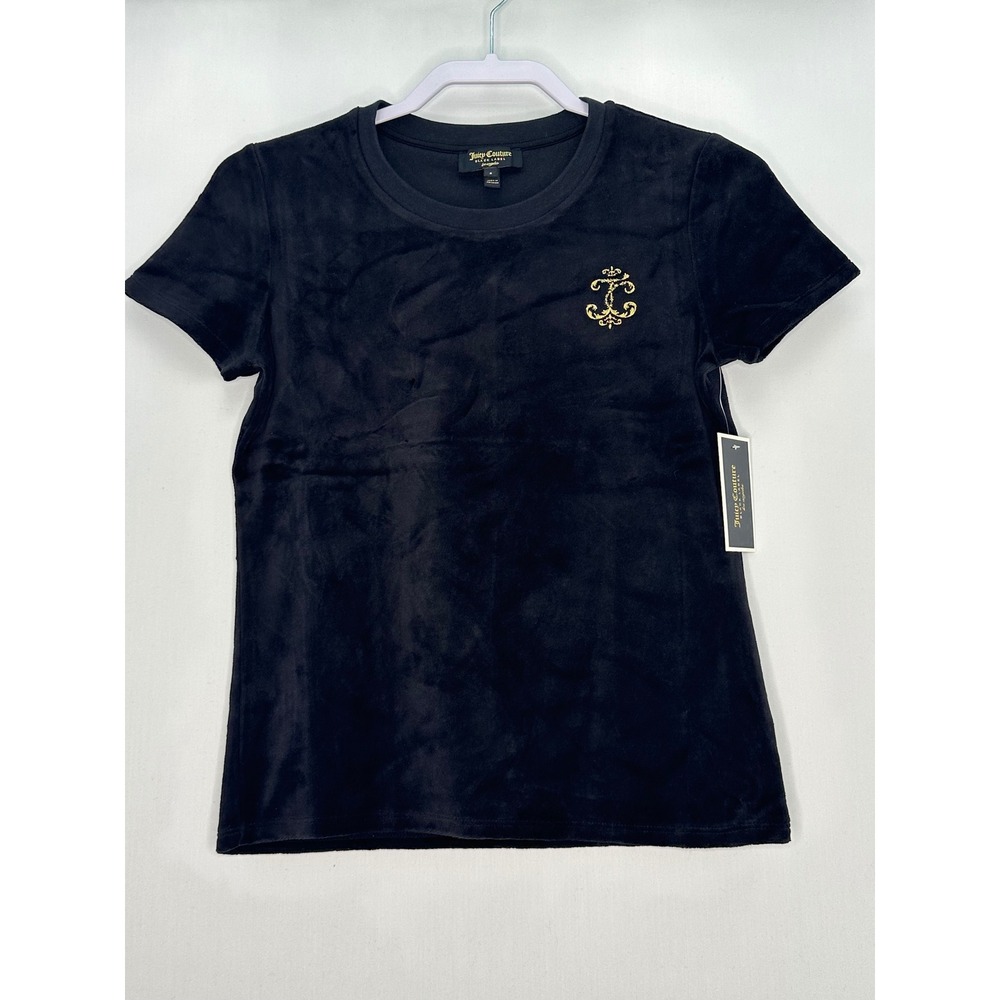 Juicy Couture‎ Black Label Small Velour JC Anchor Logo T Shirt Crew Neck Y2K